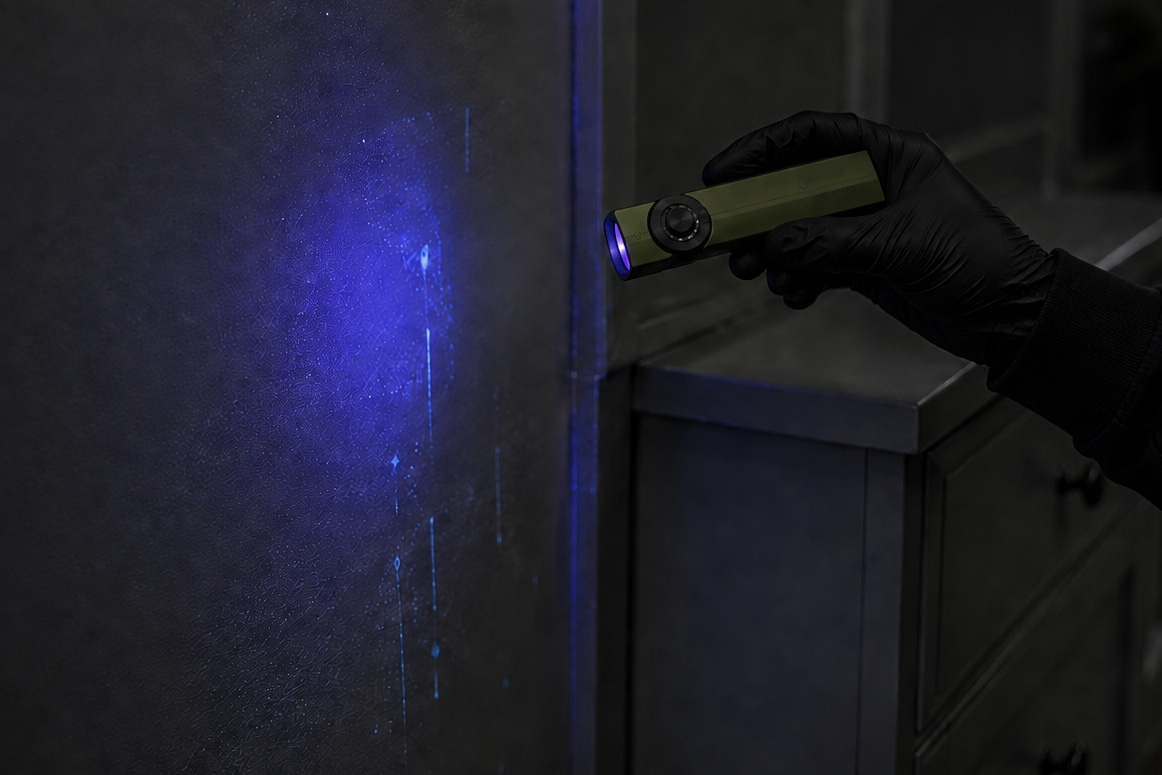 UV inspection light revealing unseen residue on a darkened wall