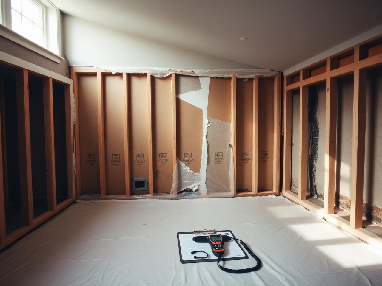 Post-remediation work area with exposed framing, protective sheeting and a moisture meter on a clipboard